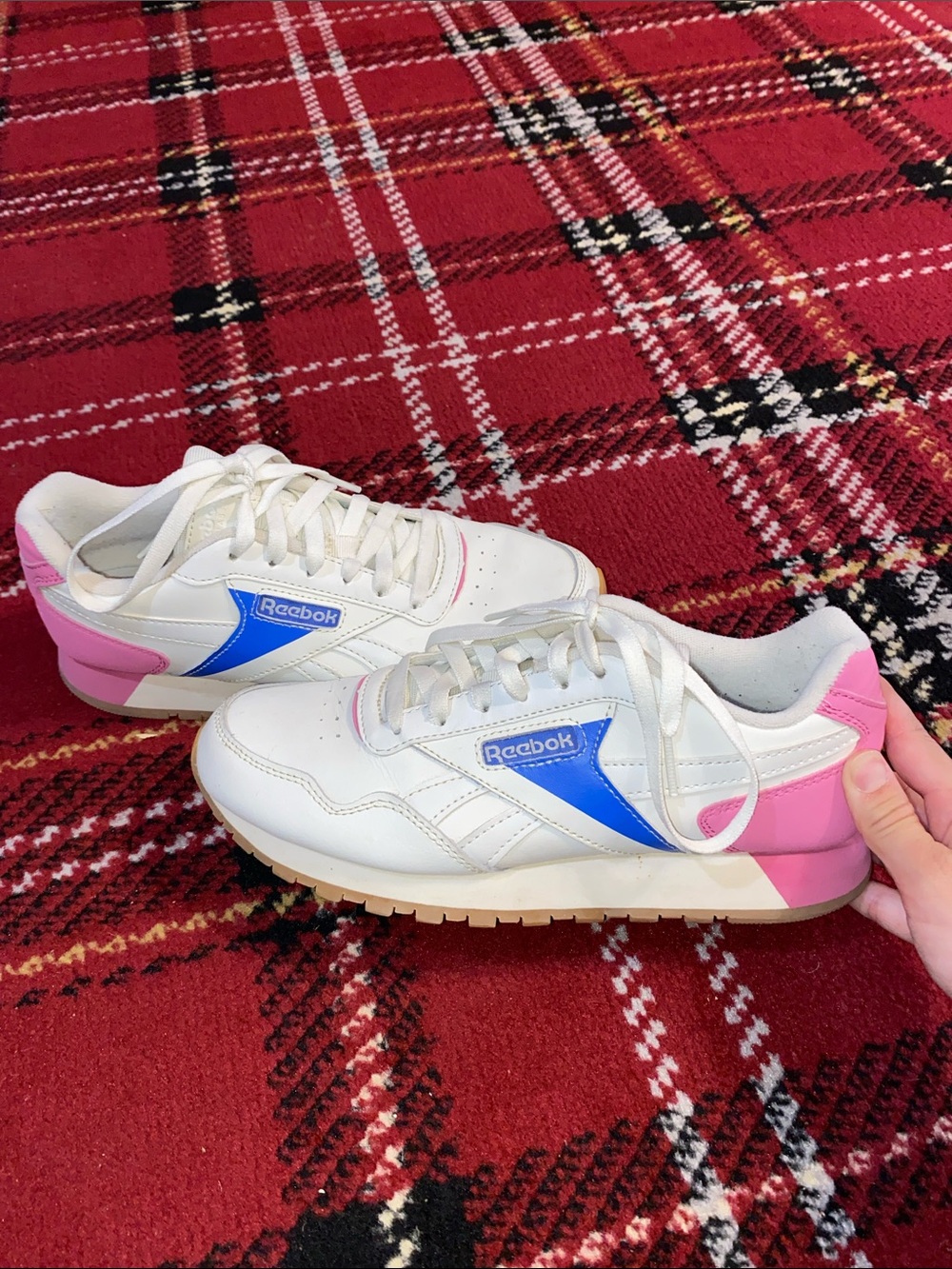Reebok White Sneakers with Pink Heel and Blue Side Logo